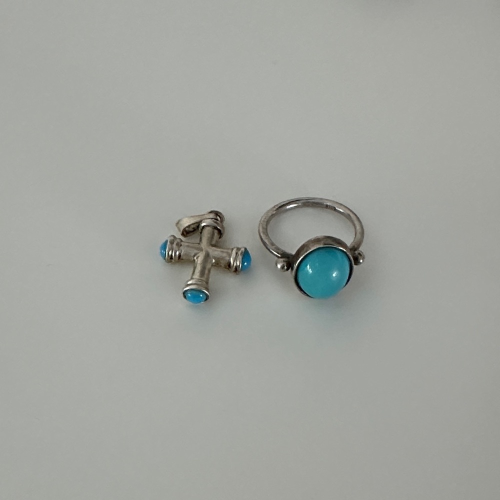 Sterling Silver Turquoise Cabochon Ring and Cross Charm Set
